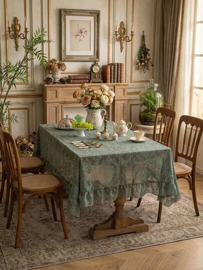 1件纯色法式牡丹花褶边桌布，法式奢华轻盈蕾丝，饰有褶边，适用于餐厅、茶几、客厅、卧室、厨房、派对、野餐、婚礼等场合。