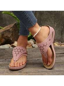 2026 New Style Women's Wedge Heel Flip-Flops - Breathable Hollow-Out Toe & Clip Design, Lightweight Synthetic Cover Sandals With Cushioned EVA Insole & Non-Slip PVC Sole, Slip-On All-Season Casual Shoes, Comfortable Footwear, Crisscross Strap Design, Durable Traction Footwear - Pink - View 4