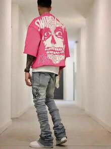 Y2K Style, Directional Printing, Cotton T-Shirt - Soft, Breathable, 100% Pure Cotton Fabric - Comfortable And Energetic Summer Street Style Short-Sleeved T-Shirt, Cool Design, Retro Summer Men's Daily Wear T-Shirt - 粉色 - 查看 8