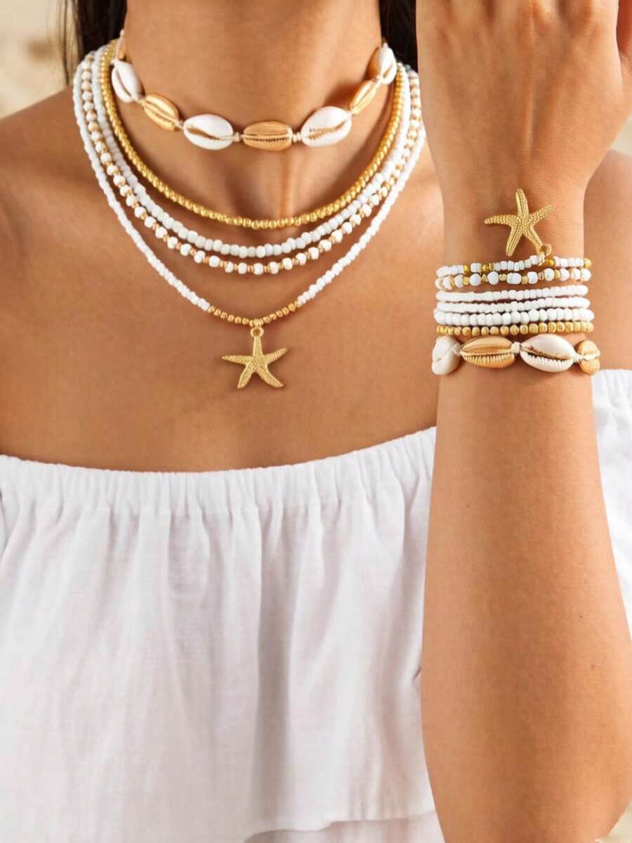 imoli Bộ 1 dây chuyền + 1 vòng tay, trang sức hình sao biển phong cách Bohemian thời trang, làm từ hạt nhựa và hợp kim, thích hợp làm quà tặng trang sức cho phái nữ trong các bữa tiệc mùa hè hoặc những buổi gặp gỡ bạn bè.