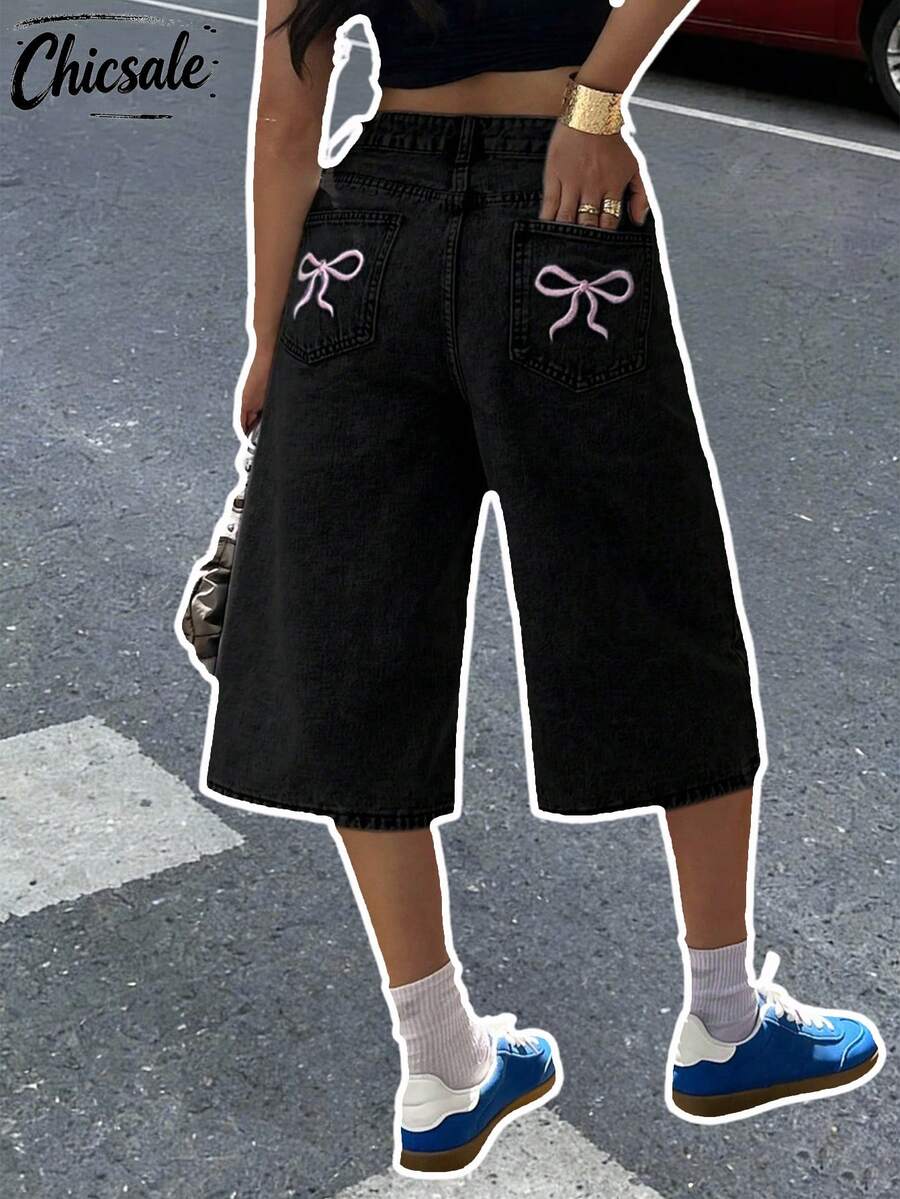 Women's Y2K Loose Fit Wide Leg Seven-Point Denim Jeans Pants With Butterfly Embroidery Pockets - Black - View 1