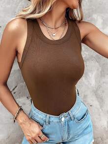 Ribbed Tank Tops For Women Built In Bra High Neck Racerback Shelf Bra Summer Casual Comfortable Yoga Shirts Sleeveless Undershirt - 棕色 - 查看 5