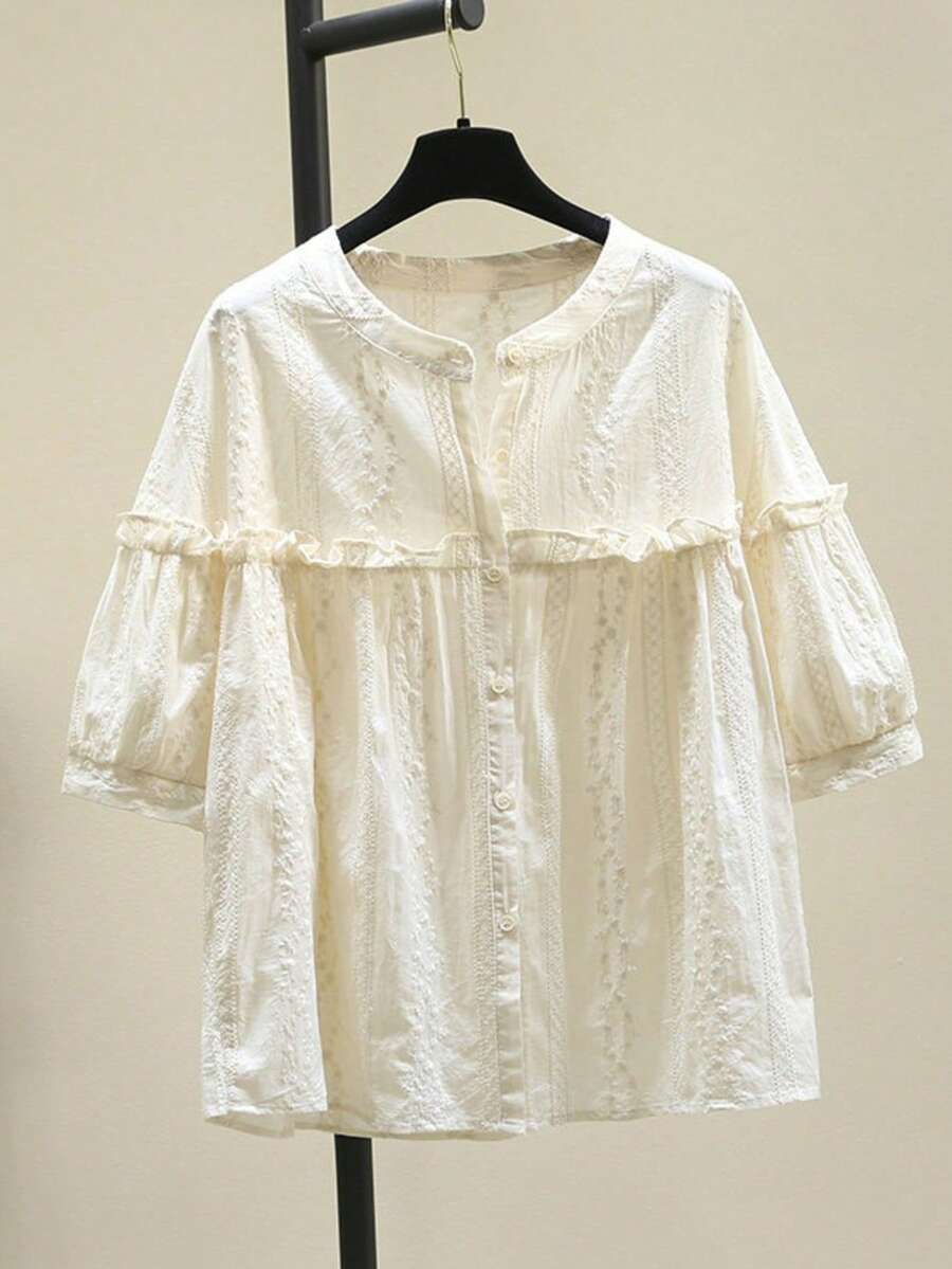 女士花卉刺绣荷叶边休闲百搭日常短袖衬衫,夏季 - 杏色 - 查看 1