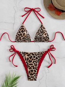 2pcs Leopard Print Sexy Backless Drawstring Tie Back Ruched Bust Women's Bikini Swimsuit, Suitable For Beach, Holiday, Summer, Red Leopard Print Contrast Color Vacation - Brown - View 1