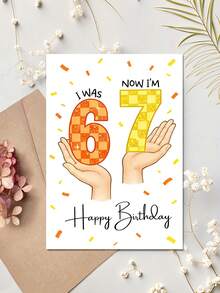 1pc Greeting Card With Envelope, Funny Birthday Card For Family & Friends, Birthday Gift Featuring Hands Holding Glitter Checkered "I Was 6 Now I'm 7 Numbers & Confetti Design, A Beautiful And Fun Birthday Greeting Card - Multicolor - View 6