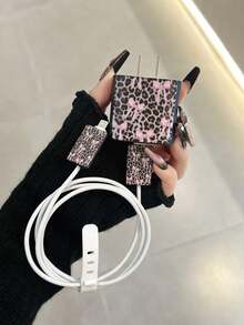 4 Peças Capa Protetora de Carregador com Design de Laço em Estampa de Leopardo em TPU, Compatível com iPhone 13/14/15, Compatível com Adaptador de 18W/20W - Inclui Capas para Cabo e Ponta, Presente Ideal - Multicolorido - Visão 2