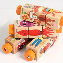 4-Sided Rotating Wooden Puzzle Toy, Animal & Transportation Theme Early Education Building Blocks, Educational Gift - Multicolor - View 7