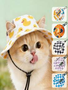 1pc Cute Polyester Wind-Resistant Sun Hat With Ear Holes, Adjustable, Suitable For Year-Round Wear For Small Pet Dogs, Cat Supplies, Hats, Cat Accessories - Yellow - View 2