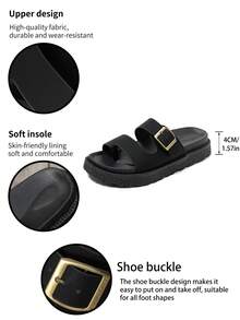 Korean Style Platform Slide Sandals For Women, Comfortable & Versatile, Double Strap With Metal Buckle Toe Loop, Suitable For Summer Outdoor Wear - Black - View 9