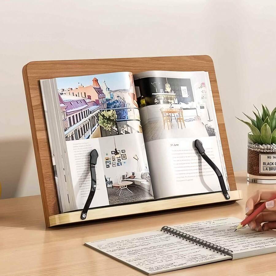 8-stufiger einstellbarer Holz-Leseständer | Ergonomischer Vintage Buchständer - Faltbarer Tischhalter mit hochelastischer Klemme, geeignet für Bücher, Laptops, Tablets und Zeichnen