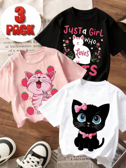 3pcs Tween Girls Cute Cat Cartoon Print Outfit, Soft & Comfortable Fabric, Suitable For Outdoor Sports, Daily Wear, Street & Campus Style, Fashionable Girls Spring/Summer Casual Tops