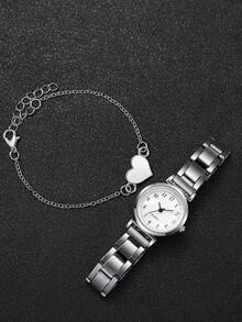 4pcs/Set Women's Gift Watch With Steel Strap, Minimalist Fashion Numeric Dial Elegant Quartz Wristwatch + Heart Bracelet (Watch Box Not Included) - Silver - View 9