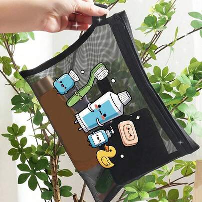 Bolsa de cosméticos con patrón de diente de dibujos animados, bolsa de maquillaje portátil de malla, bolsa de maquillaje con estampado de letra "Cuidado dental" de cepillo de dientes lindo, bolsa de cosméticos de viaje; artículo de almacenamiento de ropa de baño esencial de playa; regalo ideal para la novia; bolsa de maquillaje plegable y ligera