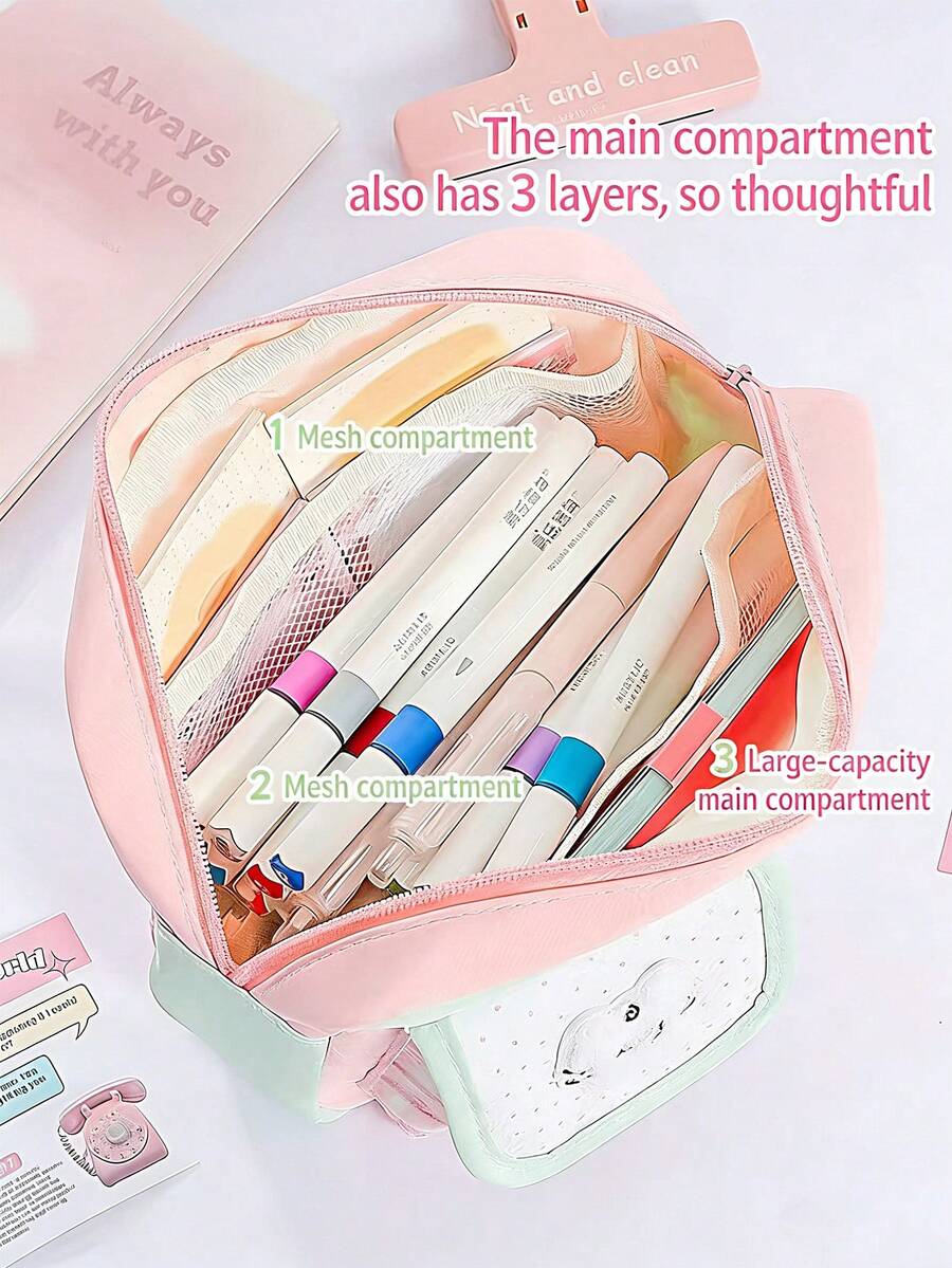 Hộp bút nhiều ngăn hình mèo dễ thương - Túi đựng văn phòng phẩm Kawaii dung tích lớn dành cho học sinh - kẻ sọc phối màu - Xem 1