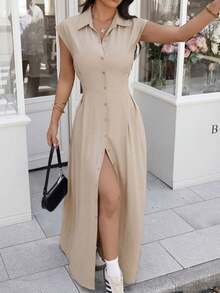 ADD MODA REF AS1759 LONG SHIRT DRESS WITH BUTTONS AND COLLAR - Màu be - Xem 2