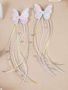 2PCS Gradient Glitter Butterfly Hair Bows For Girls Dreamy Gradient Sequins Bow Hair Clips Macaron Gradient Satin Ribbon Tassels Bow Alligator Clips Elegant Bead Chain Hair Barrettes For Holiday And Party Teens Hair Accessories - Multicolor - View 2