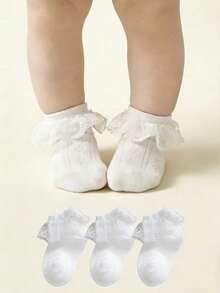 3 pares de calcetines de estilo princesa de encaje, suaves, cómodos y transpirables para niñas - Blanco - Ver 8