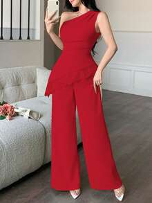 abyoxi Conjunto de 2 piezas de top sin mangas con cintura fruncida y parches de encaje con dobladillo asimétrico, y pantalones de pierna ancha para mujer, sexy y elegante, adecuado para ir al trabajo, salidas diarias, eventos formales, citas, fiestas, bodas, vacaciones, San Valentín, conjunto de primavera/verano con top ajustado y pantalones largos - Rojo - Ver 3