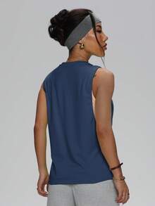 Tank Top Wanita Tanpa Lengan Warna Polos, Longgar, Tipis, Elastis, Cocok untuk Olahraga Musim Semi/Panas, Latihan di Gym, Lari, Aktivitas Luar Ruangan, Olahraga Santai, Gaya Sederhana, Leher Bulat - Navy Blue - View 2