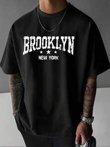 BROOKLYN Casual Breathable  Street Fashion Men's Comfortable Oversized T-Shirt-Unisex Casual Vintage Street-Style Loose-Fit Cotton T-Shirt Top - 黑色 - 查看 1