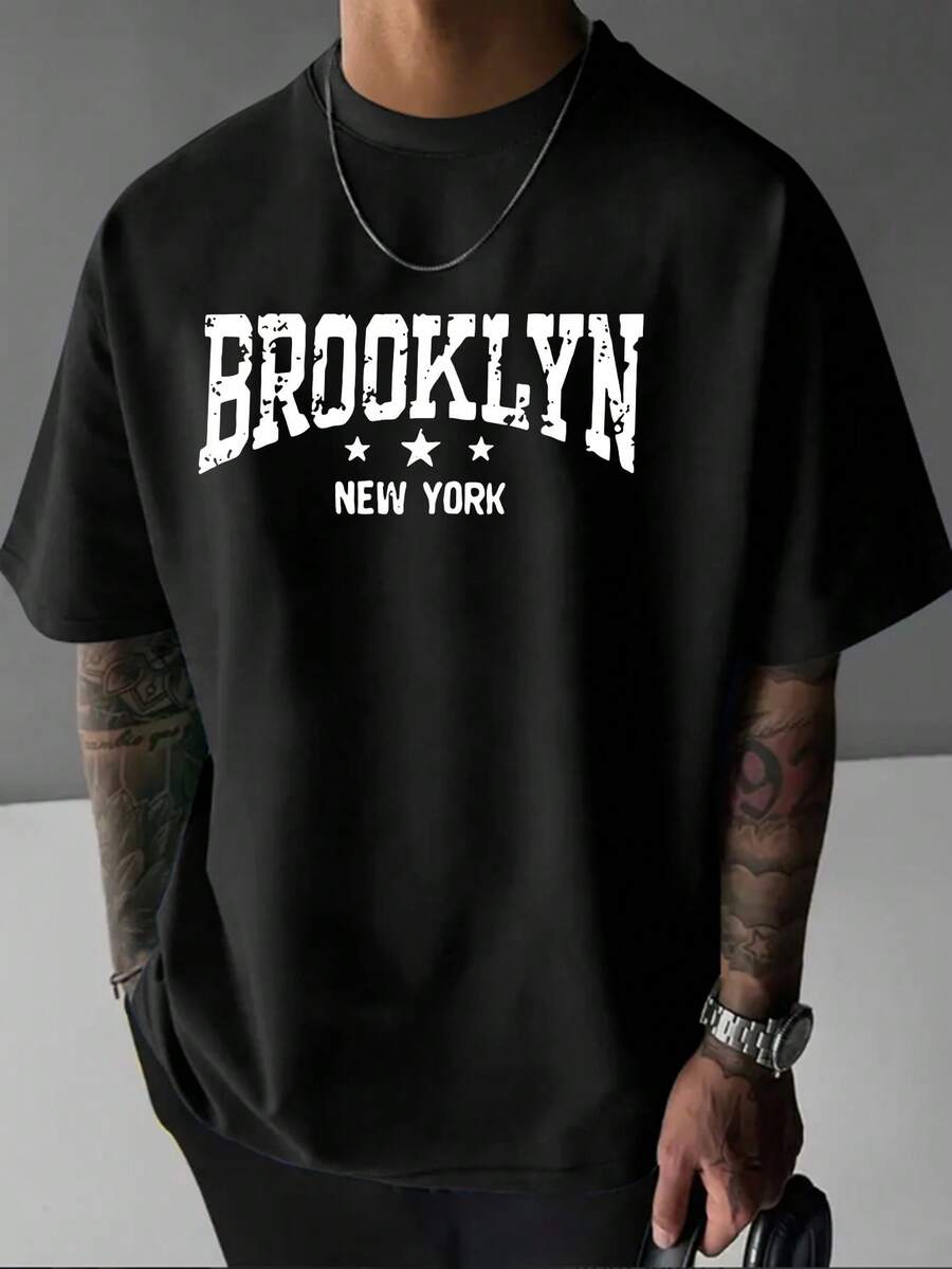 BROOKLYN Casual Breathable Street Fashion Men's Comfortable Oversized T-Shirt-Unisex Casual Vintage Street-Style Loose-Fit Cotton T-Shirt Top - 黑色 - 查看 1