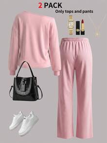 Autumn Fashion Women's 2 Pieces Set: Semi-Cold Shoulder Long Sleeve Solid Color Top With Cinched Waist Long Pants - Baby Pink - View 8