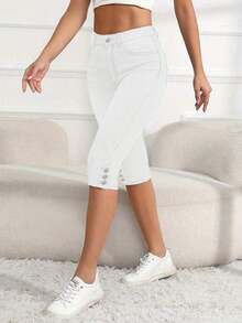 Elastic Tight Fit Women's Cropped Casual Jeans Summer - 白色 - 查看 2