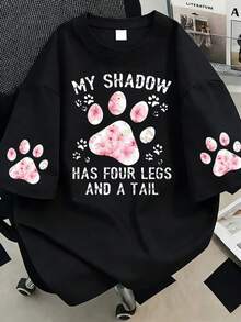 Paw Print Slogan Round Neck Plus Size Women T-Shirt, Casual Summer Black - Black - View 1