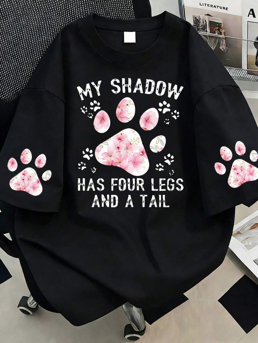 Paw Print Slogan Round Neck Plus Size Women T-Shirt, Casual Summer Black - Black - View 1