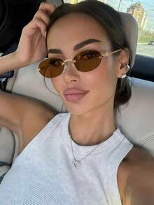 1副椭圆形无框复古时尚个性眼镜 - 茶色 - 查看 3