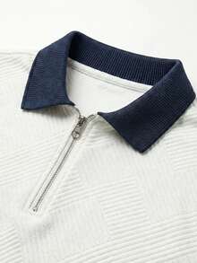 男士夏季提花纹理撞色领半拉链Polo衫，适合日常通勤、旅行、度假和户外活动，休闲简约风格，都市成熟风格，英伦绅士风格 - 白色 - 查看 4