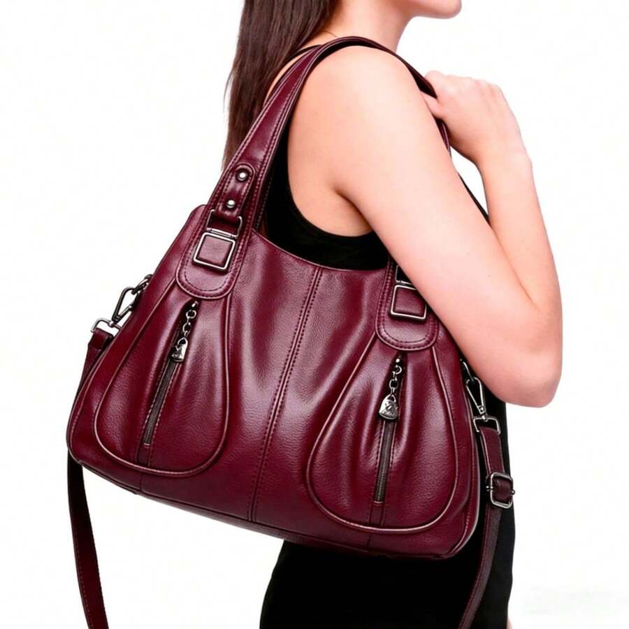 Women's Soft Leather Handbag That Can Be Used As A Shoulder Bag Or Crossbody Bag. Its Design Is Simple, Casual, Elegant And Versatile, Ideal For Middle-Aged Mothers. - Màu Đỏ Sâu - Xem 1