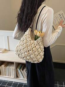 1件波西米亚风手工钩编单肩手提包，手工编织绳结沙滩包，镂空手提包，大容量女士度假手提包 - 米色 - 查看 5