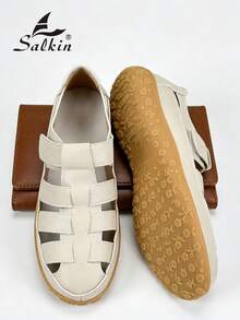 Salkin 夏季女款包頭羅馬平底涼鞋鏤空編織籠鞋橡膠底米色休閒走路鞋復古透氣漁夫涼鞋適合日常度假 - 米色 - 查看 10