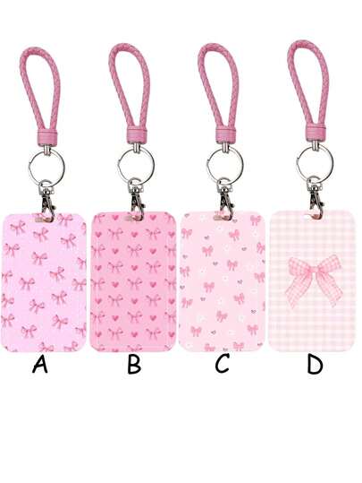 1个ABS粉色蝴蝶结爱心卡套，高品质学生证/身份证卡套，带编织挂绳，轻便易携，适合通勤、办公、日常使用。