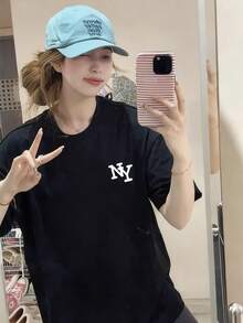 2026夏季新款女士黑色个性化字母印花休闲宽松百搭短袖T恤，学生/上班通勤时尚 - 黑色 - 查看 2