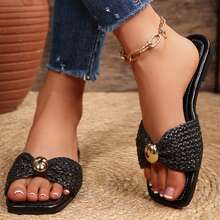 Dressy Metal Hardware Decoration Flat Sandals For Women Shoes Beach Comfort Open Square Toe Summer Casual Fashion Slides Slippers Flats - màu đen - Xem 4