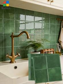 4/10/20 miếng gạch ốp tường tự dính chống thấm nước 9"x9" cho nhà bếp, gạch dán tường vuông cho phòng tắm, màu xanh ngọc bích - Đường viên màu xanh rêu - Xem 3