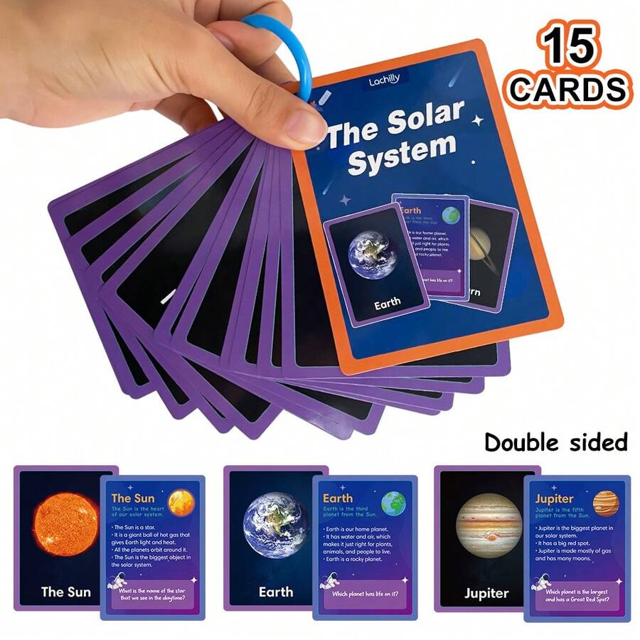 15Pcs Double Sided Solar System Flash Cards - Kids Planets & Space Educational English Learning Cards Preschool Astronomy Science Vocabulary Flashcards