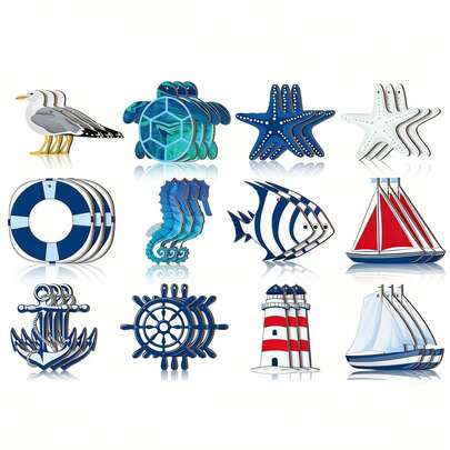 12件套木制航海主题装饰品，木制夏季挂饰，木制海滩主题吊坠，夏威夷海滩木制装饰带绳，适用于DIY家居装饰、航海主题派对、海滩装饰、夏季户外活动、生日派对背景、婚礼装饰、毕业礼物