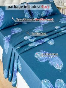 Juego de 4 piezas, 100% poliéster, juego de ropa de cama con estampado de mariposas (2 fundas de almohada + 1 sábana plana + 1 sábana ajustable), bolsillo de 35 cm de profundidad, suave y transpirable, adecuado para todas las estaciones, estilo minimalista - Multicolor - Ver 2