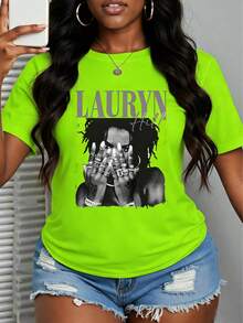 With Ring On Hand - 100% Cotton Women's T-Shirt Lauren Hill Letter Print Y2k Vintage Tee Casual Summer Plus Size Top - Niche Graffiti Prints Shirts - Forestgreen - 查看 1
