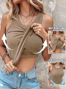 Ribbed Tank Tops For Women Built In Bra High Neck Racerback Shelf Bra Summer Casual Comfortable Yoga Shirts Sleeveless Undershirt - 卡其色 - 查看 6