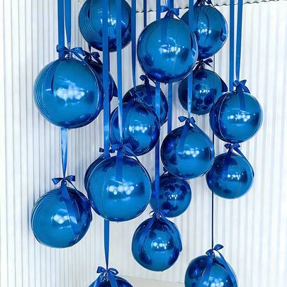4/6pcs Blue 4D Sphere Foil Balloon Set, Includes 22-Inch Blue 4D Round Balloons, Ribbons, Suitable For Parties, Engagements, Weddings, Birthdays, Bachelor Parties, Gentlemen's Parties Decorations