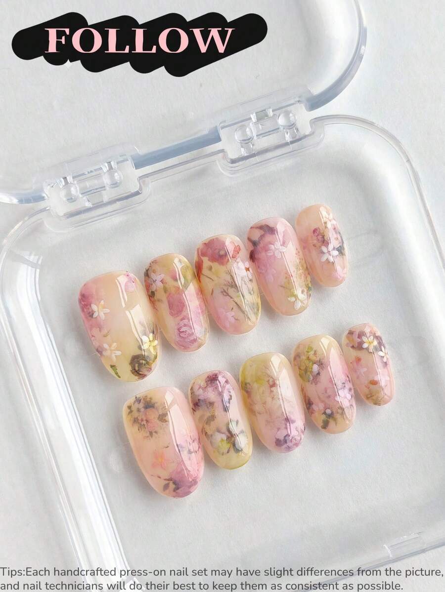 10片手工亚克力美甲贴片，短款，椭圆形，粉色，紫色，甜美温柔，花朵图案，手绘，渐变色，可爱风格，价格实惠，美甲用品，可重复使用，含美甲工具，适合日常通勤、派对和办公场合送礼