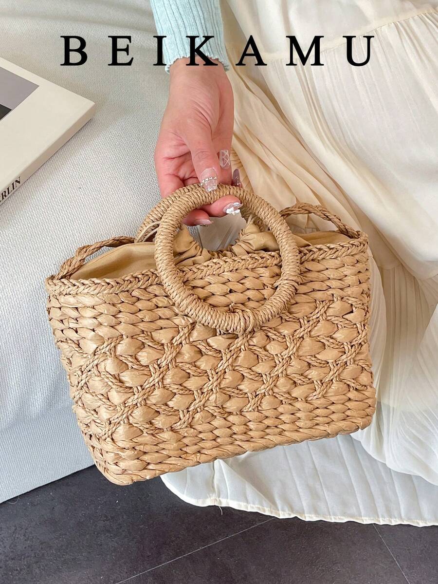 New Khaki Handwoven Straw Basket Bag, Round Handle Drawstring Tote Bag, Fresh Summer Beach Vacation Handbag For Women - Khaki - View 1