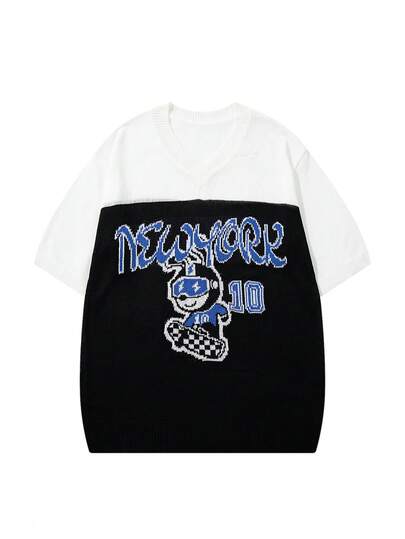 男士休闲通勤街头风百搭撞色V领宽松舒适短袖针织衫，白色毛衣，春夏款