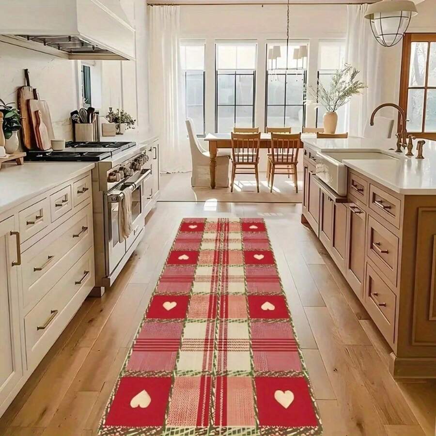 1件装格子爱心长地毯系列，多色背景室内入口地毯，卧室床边垫，厨房地毯，柔软加厚浴室地毯，带缓冲防滑功能，可水洗，走廊地毯，客厅，洗衣房，浴室