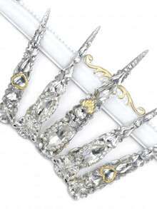 Handmade Luxury Extra Long Stiletto Press On Nails, Artisan Design, Dense Rhinestone Details, Multi-Shaped Gem, Gold Accents, High-Gloss Finish, Salon-Quality Reusable, Ideal Gift For Luxury Style Enthusiasts Summer Easter - Bạc - Xem 6