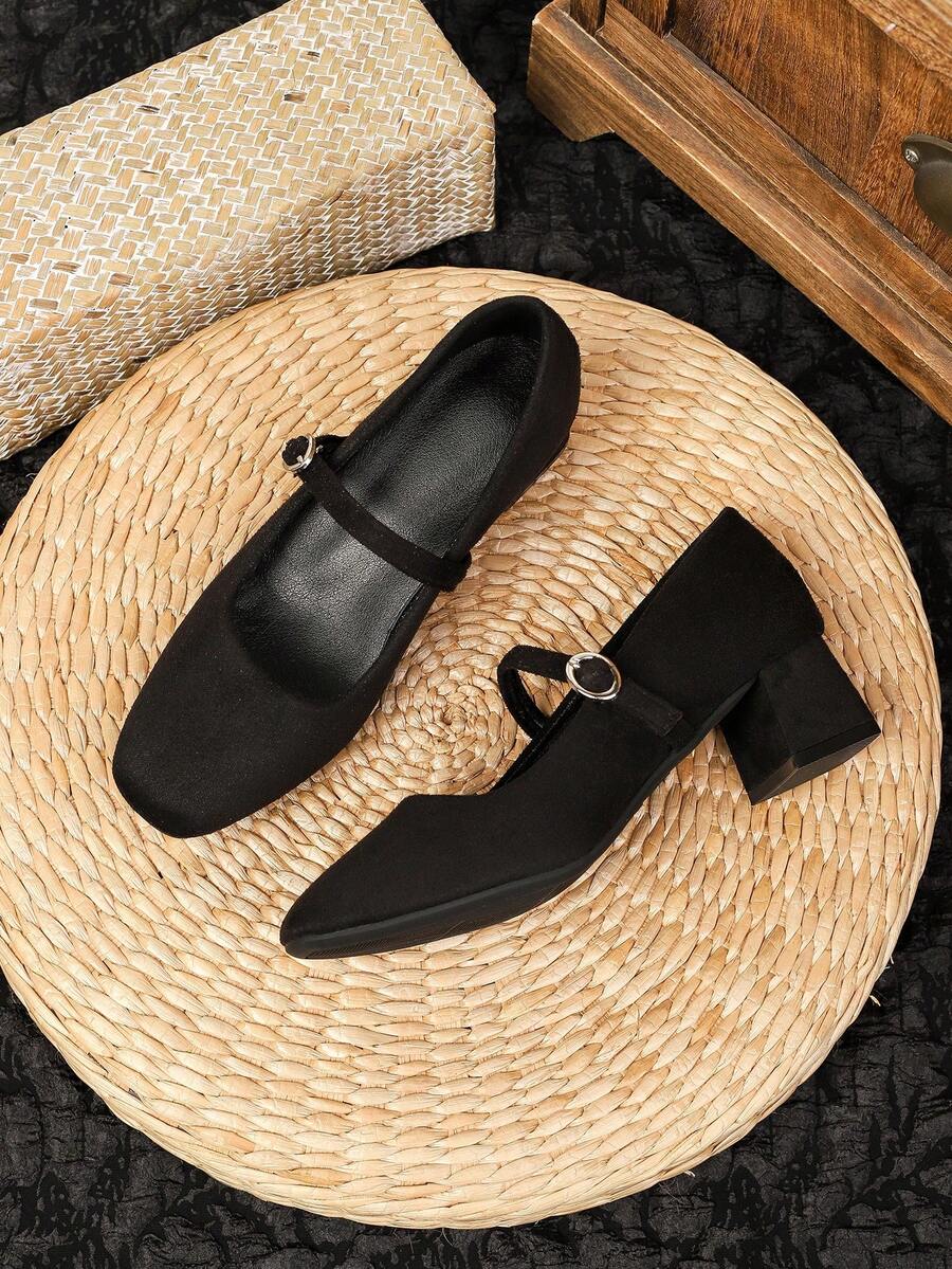 2026 New Vintage Suede Square Toe Chunky High Heel Mary Jane Shoes, Single Strap Commuter Women's Shoes, Versatile For Multiple Occasions - Black - View 1